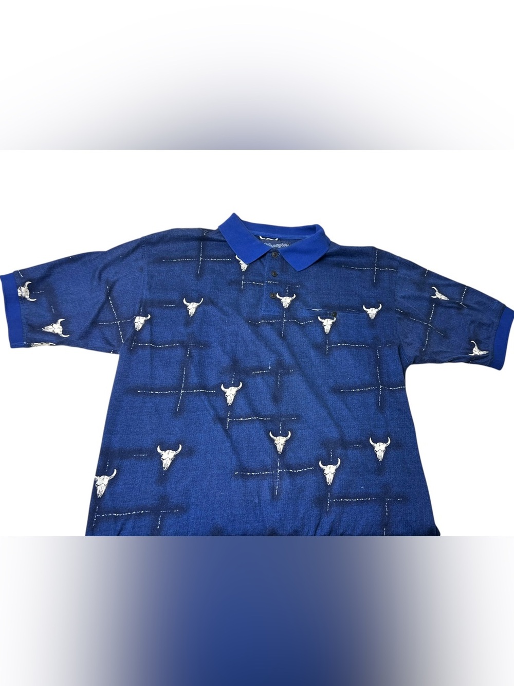 Wrangler Men’s Large Blue Bull Skull Western Cowboy Polo Short Sleeve Shirt